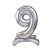Шар (32''/81 см) Цифра, 9 на подставке, Серебро, 1 шт. в уп.