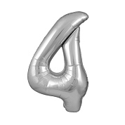 Шар (40''/102 см) Цифра, 4, Серебро, 1 шт. в уп.