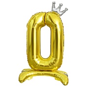 Шар (32''/81 см) Цифра, 0 Серебристая корона, на подставке, Золото, 1 шт. в уп.