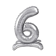 Шар (32''/81 см) Цифра, 6 на подставке, Серебро, 1 шт. в уп.