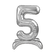 Шар (32''/81 см) Цифра, 5 на подставке, Серебро, 1 шт. в уп.
