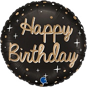 Шар (18''/46 см) Круг, Happy Birthday (золотое конфетти), Черный, 1 шт.