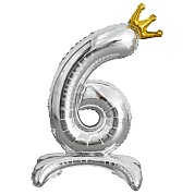 Шар (32''/81 см) Цифра, 6 Золотая корона, на подставке, Серебро, 1 шт. в уп.