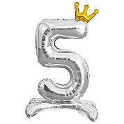 Шар (32''/81 см) Цифра, 5 Золотая корона, на подставке, Серебро, 1 шт. в уп.