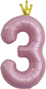 Шар (40''/102 см) Цифра, 3 Золотая корона, Розовый, 1 шт. в упак.