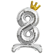Шар (32''/81 см) Цифра, 8 Золотая корона, на подставке, Серебро, 1 шт. в уп.