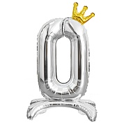 Шар (32''/81 см) Цифра, 0 Золотая корона, на подставке, Серебро, 1 шт. в уп.