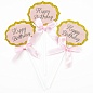 Топпер в торт, Happy Birthday (золотой глиттер), Розовый, 3 шт.