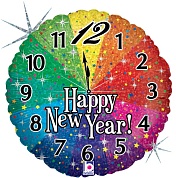 Шар (18''/46 см) Круг, Новогодние часы, Яркий фейерверк, Радужный, Голография, 1 шт.